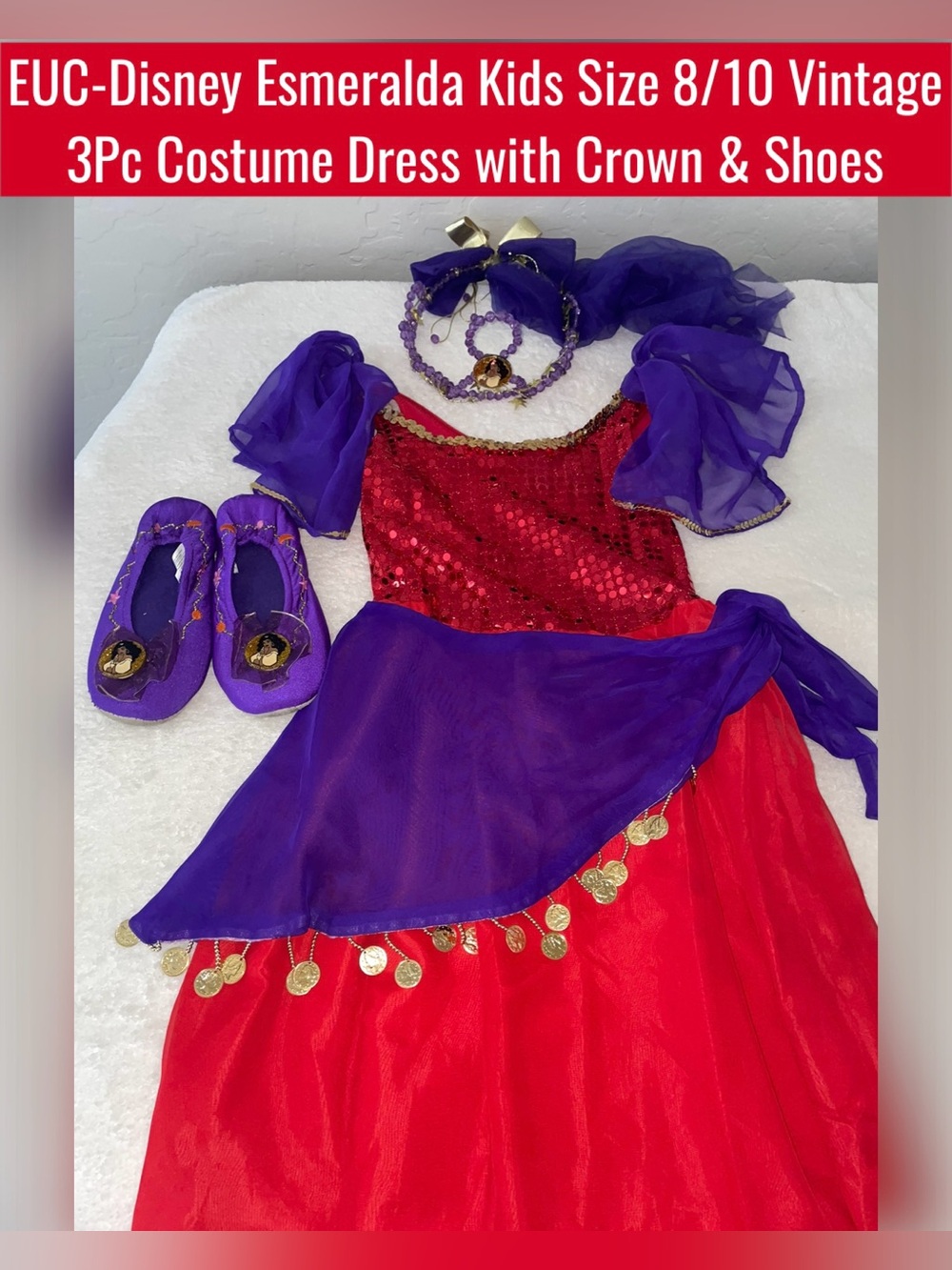 EUC-Disney Esmeralda Kids Size 8/10 Vintage Costume Dress with Crown & Shoes